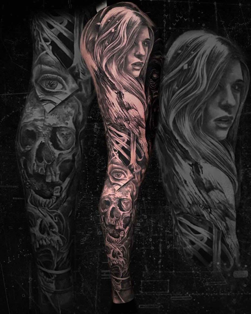 Tatuaje brazo y pierna realista en blanco y negro dark con mujer y calavera