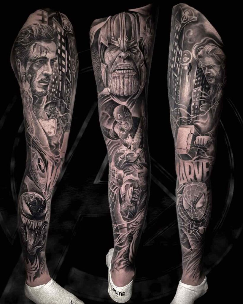 Tatuaje pierna realista en blanco y negro dark Marvel: hulk, spiderman, thor,