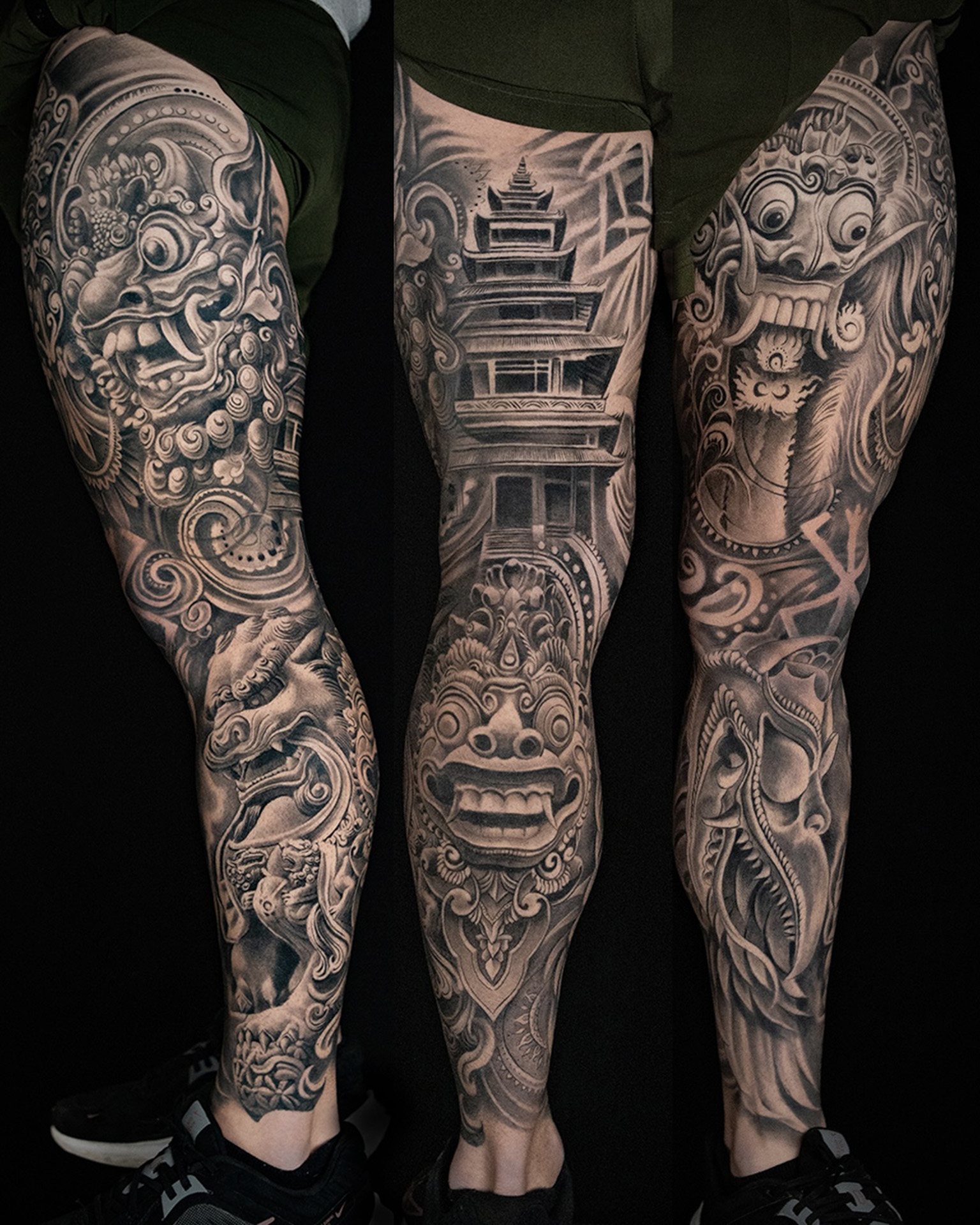 Pablo Art Tatuaje de gran formato en Valencia. Pierna balinesa realista en blanco y negro